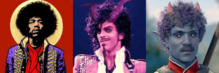 Três encarnações do mesmo personagem. A primeira é uma ilustração do Jimi Hendrix. A segunda é uma imagem alterada do Prince, para que ele tenha chifres e olhos roxos. E a última, é uma foto do Basha dentro do jogo. Todos os três personagens tem blackpower. A versão do Basha do Baldurs Gate tem os cabelos escuros com as pontas levemente roxas, chifres curtos com as pontas rosas, a pele em um tom de roxo desaturado, quase cinza, e olhos pretos com a iris rosa.