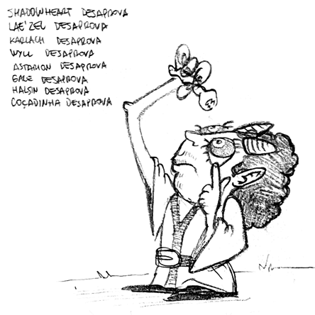 Desenho estilo cartoon do Basha colocando uma nova larva no próprio olho. O texto no canto do desenho lista todos os personagens que desaprovaram a ação, incluindo o cachorro Coçadinha.