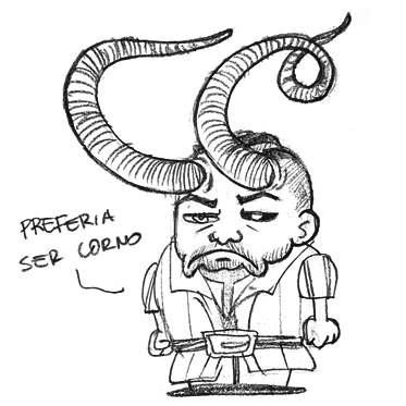 Desenho estilo cartoon de Wyll com cara de emburrado e um par de chifres absurdamente grandes, dizendo Preferia ser corno.
